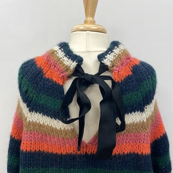 Zara Striped Slouchy Chunky Knit Balloon Sleeve Crop Sweater Retro Boho Small - Picture 8 of 12